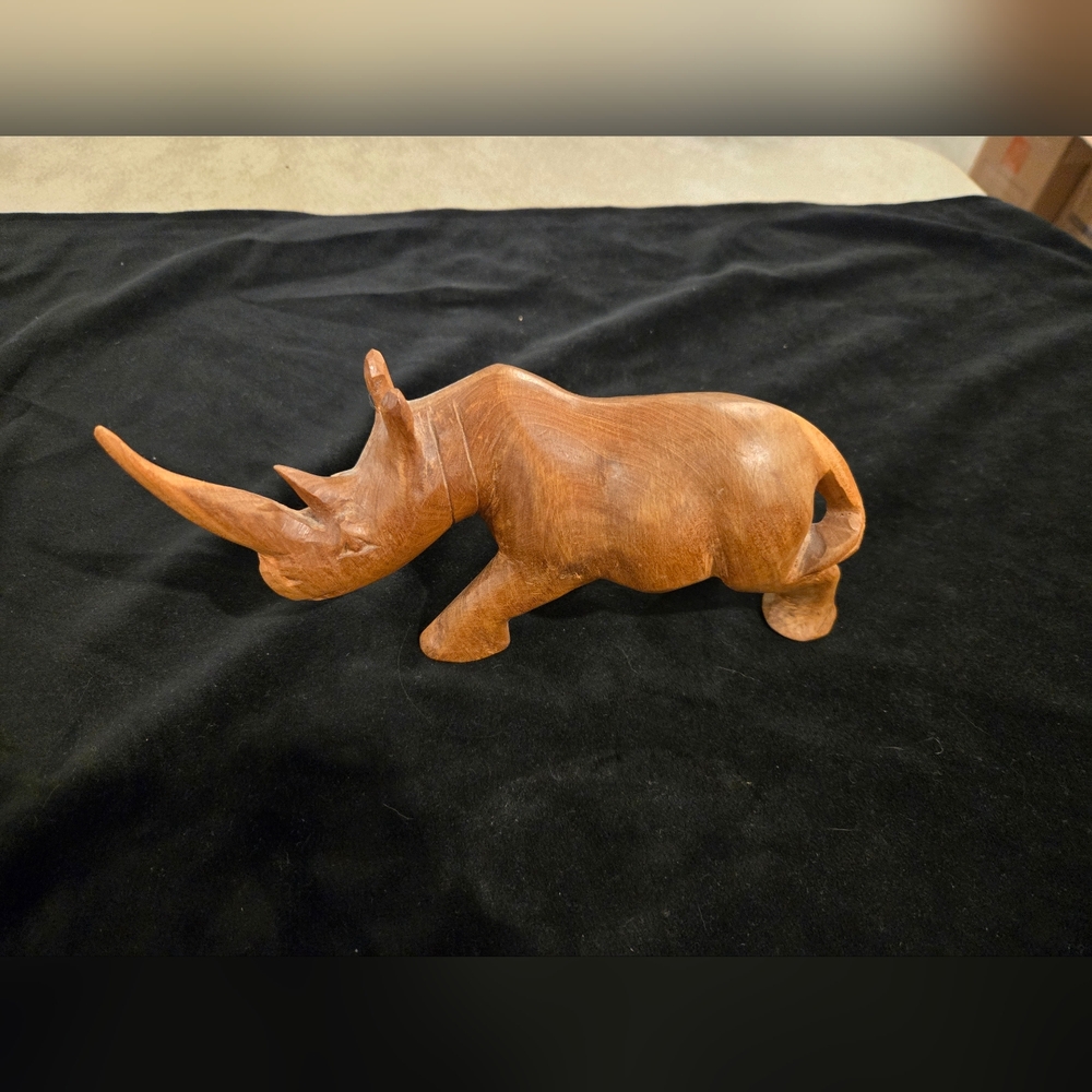 Handcrafted Wooden Rhino Sculpture, Vintage Solid Wood